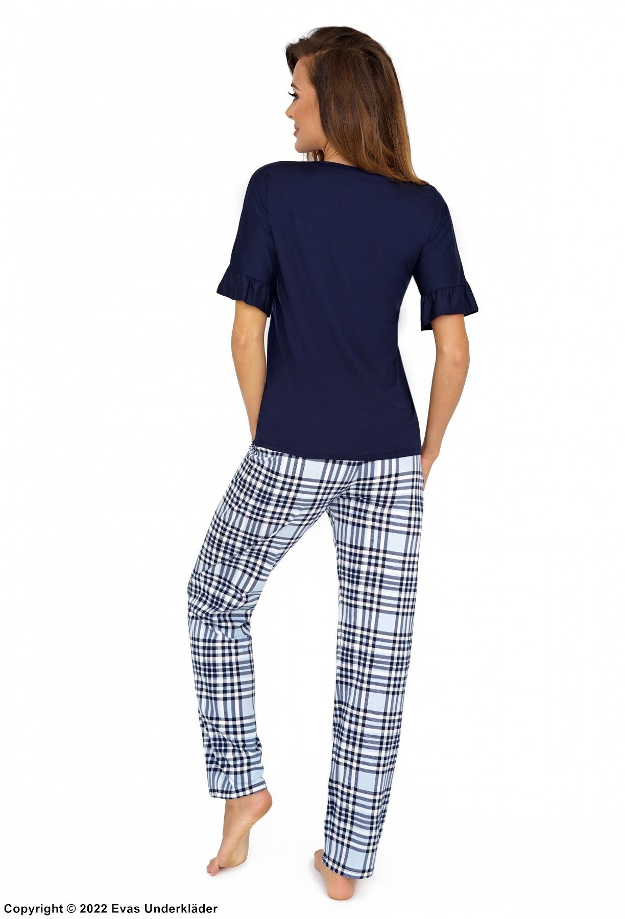 Pyjamas med top och byxa i mjukt bomull med volangkant och korta ärmar, scott-mönster